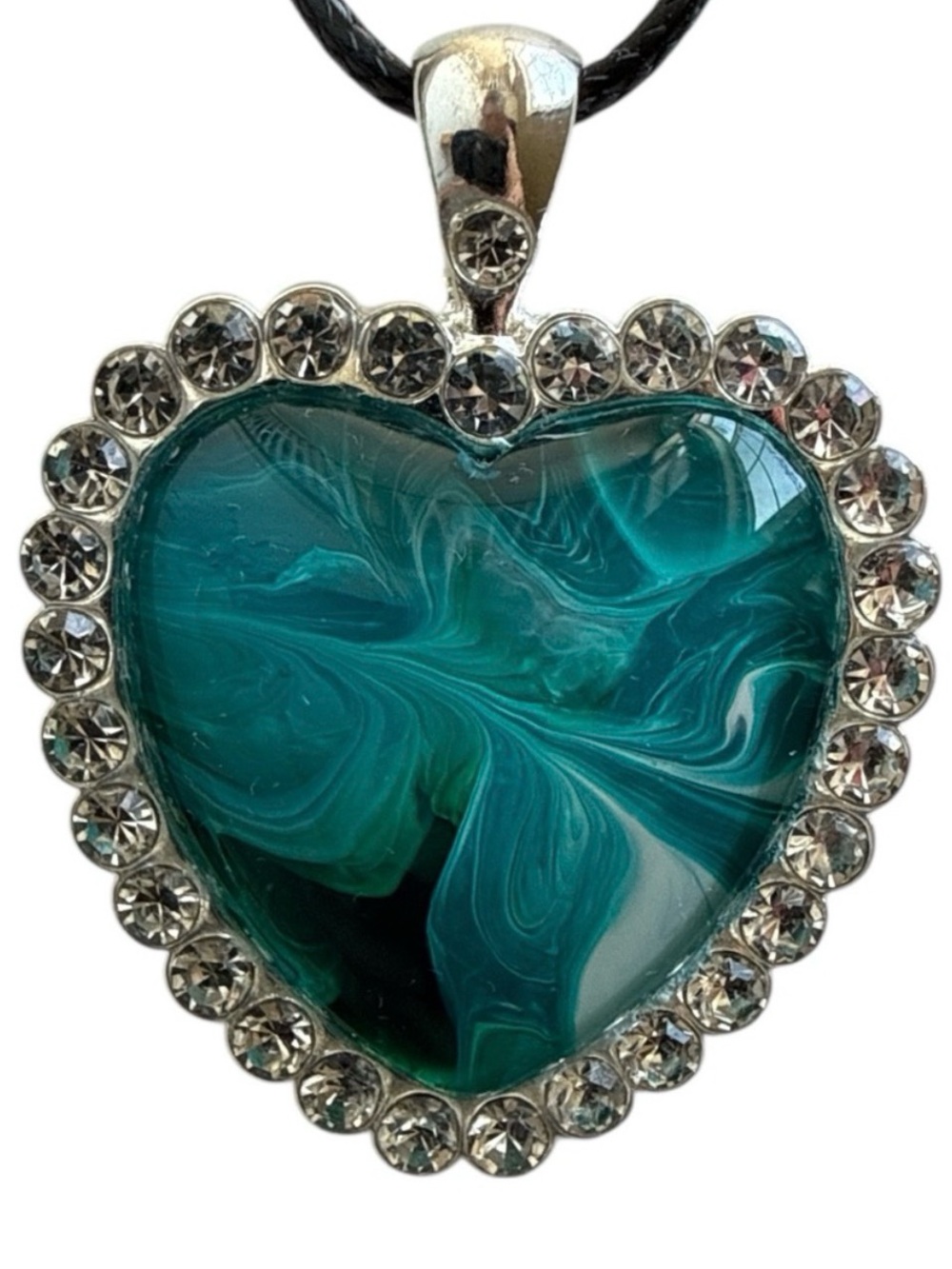 Hand Crafted Necklace Teal and Green Fluid Art Heart Pendant by Svetlana Yeung